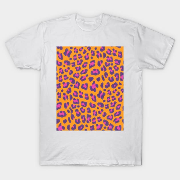 Leopard Print-Purple and Hot Pink on Orange T-Shirt by Pamelandia